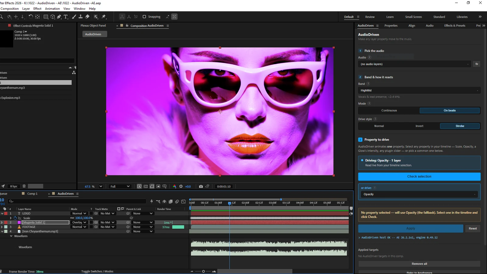 The AudioDriven panel docked in After Effects