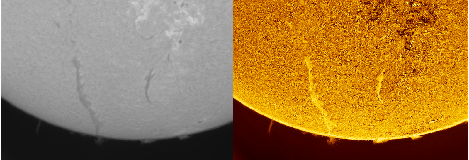 A raw stacked solar frame beside the same frame processed in HeliosSharp