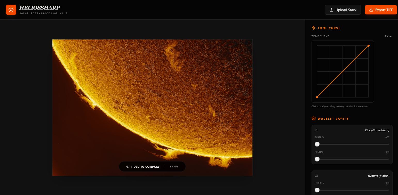 The HeliosSharp interface, showing the tone curve and the wavelet layer controls beside the image being processed