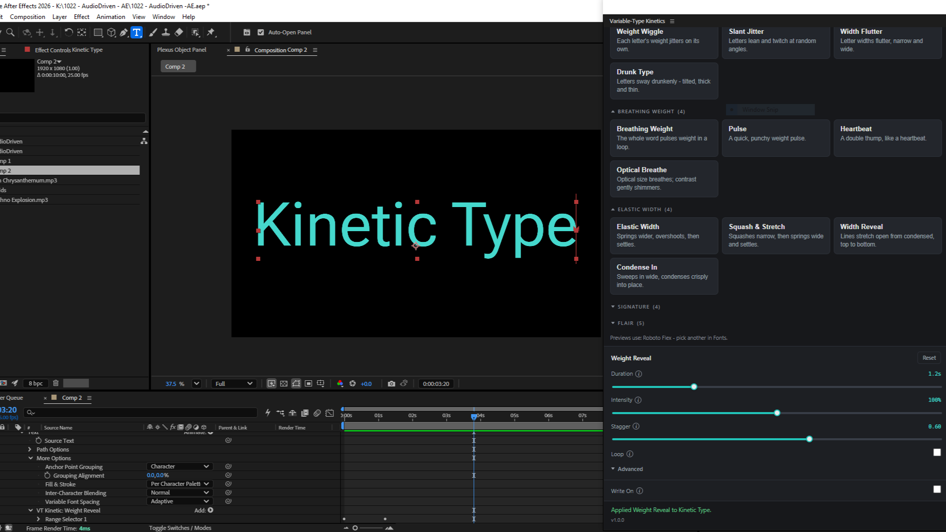 The Kinetic Type panel with animated type on the canvas